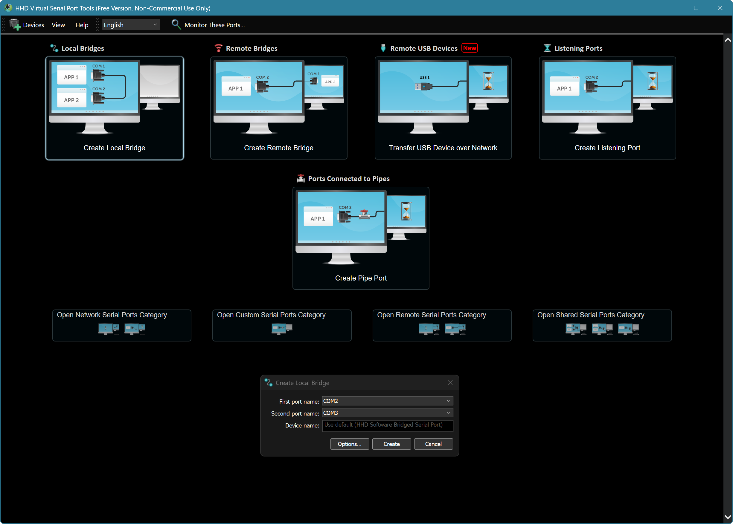 Create Virtual Null Modem Cable using Virtual Serial Ports Bridge Functionality